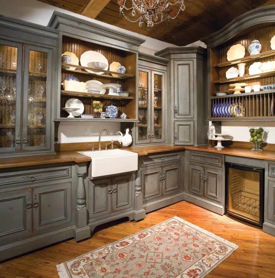 Vintage Grey Cabinets with Decorative Plates (by. dakotakitchen.com)