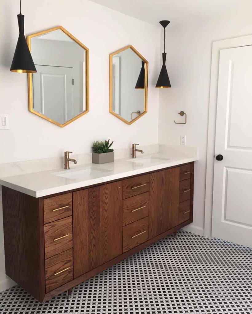 Long Farmhouse Vanity with Unique Mirrors and Lamps