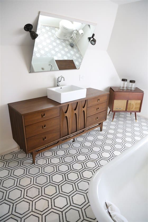 Modern Ceiling Bathroom with Angled Mirror