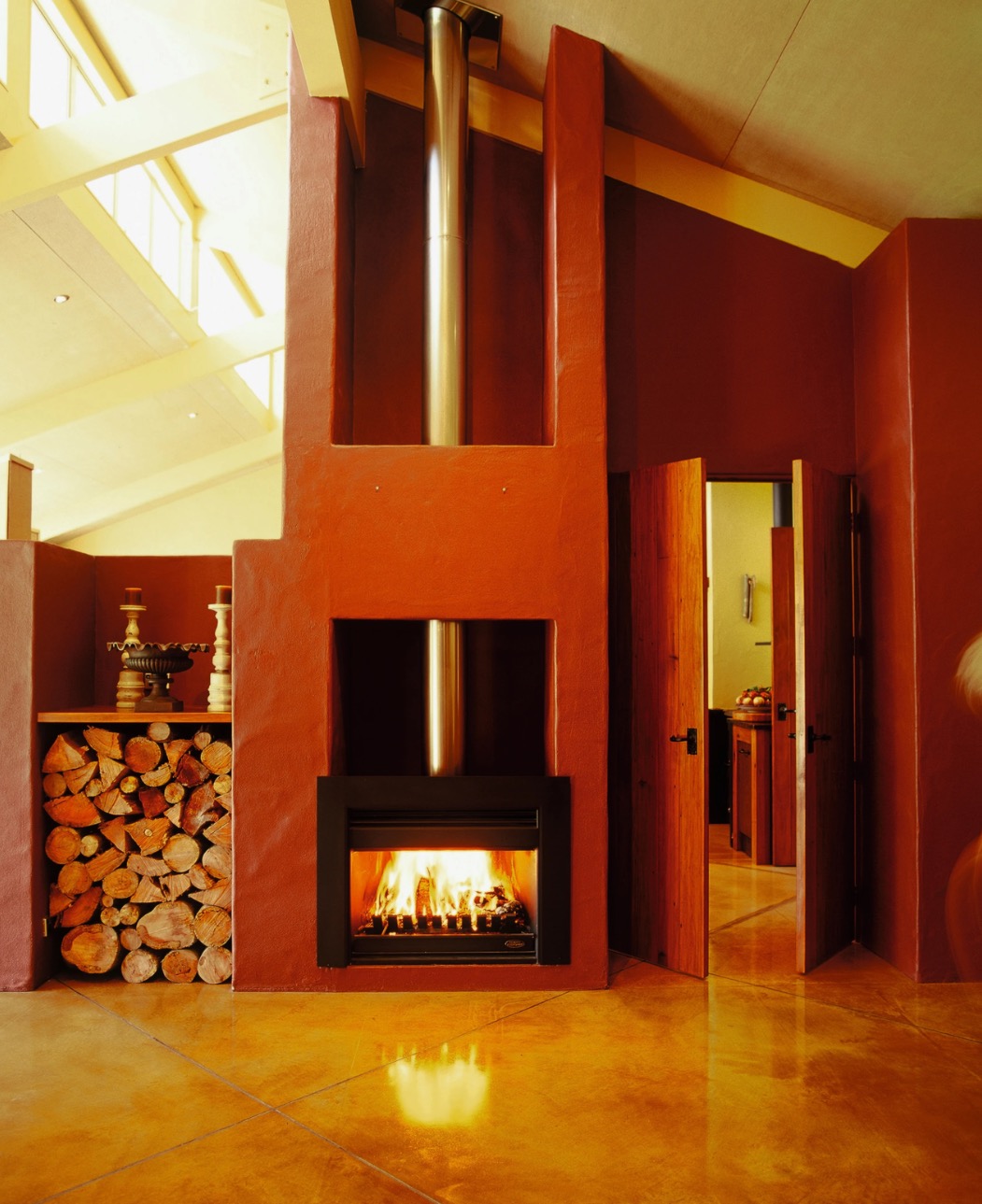 Red Firebox Floor to Ceiling Fireplace