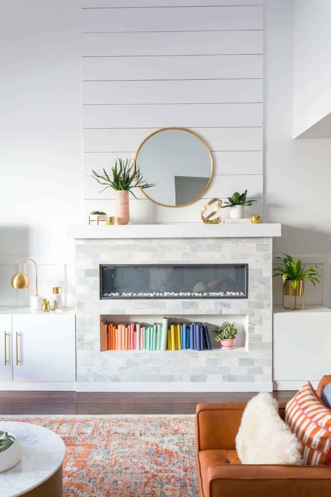 Electric Fireplace with Off-white Tiles