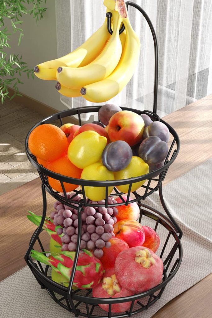 2-Tier Fruit Basket Bowl with Banana Tree Hanger