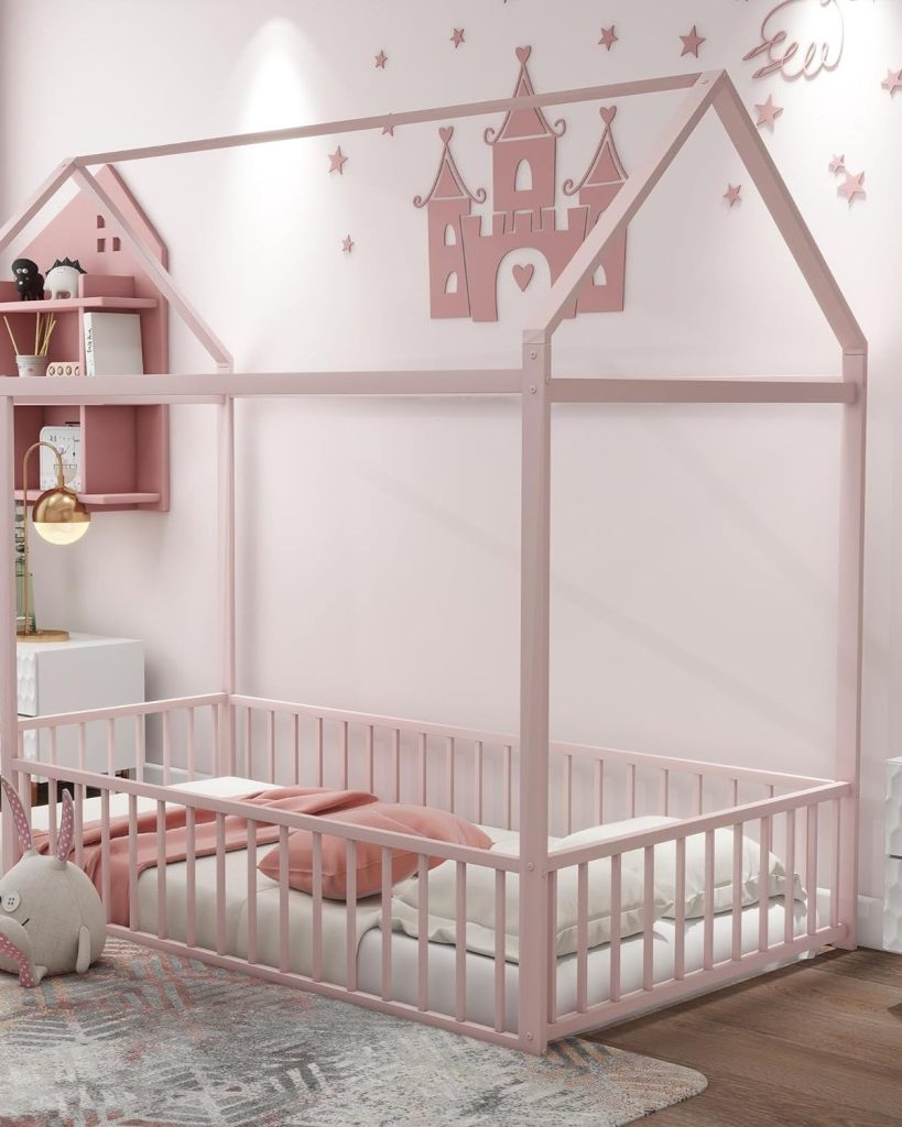 Bellemave Pink Montessori Floor Bed with Fence