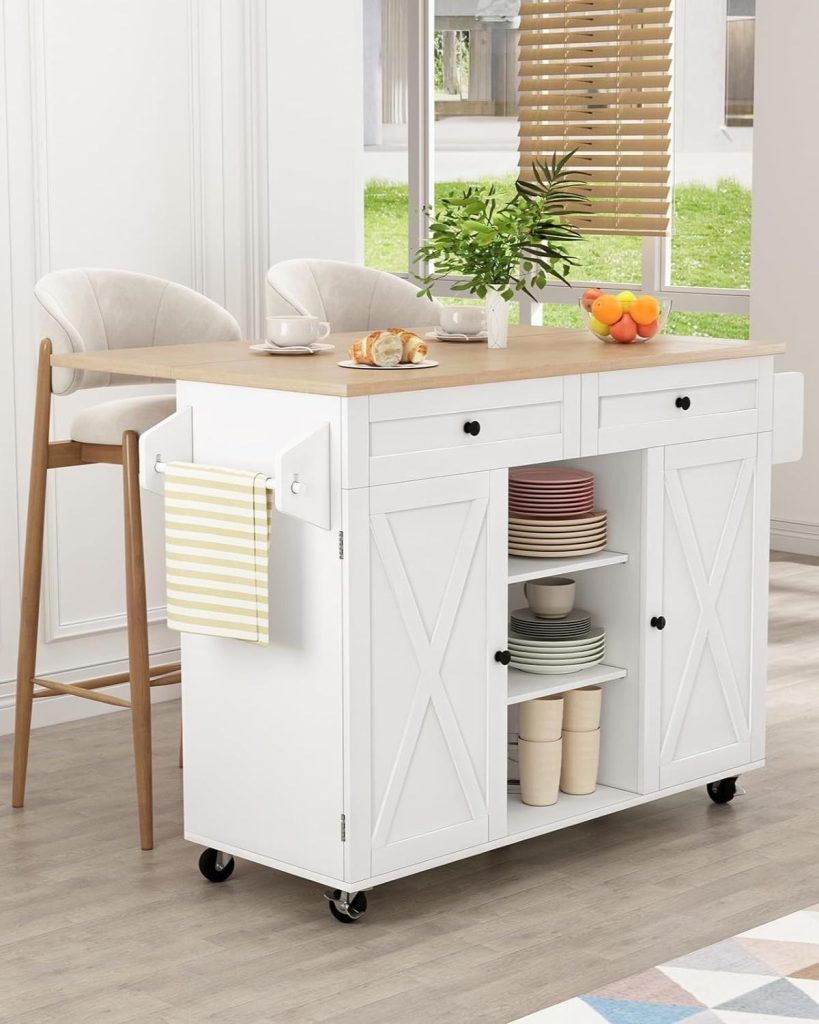 Rolling Kitchen Island Cart with Drop Leaf Countertop