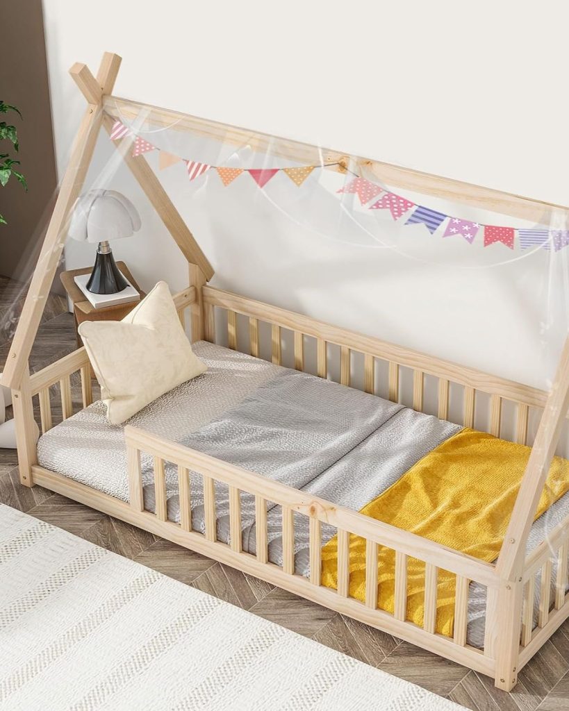 Tatub Twin Montessori Floor Bed Frame with Railings and Roof